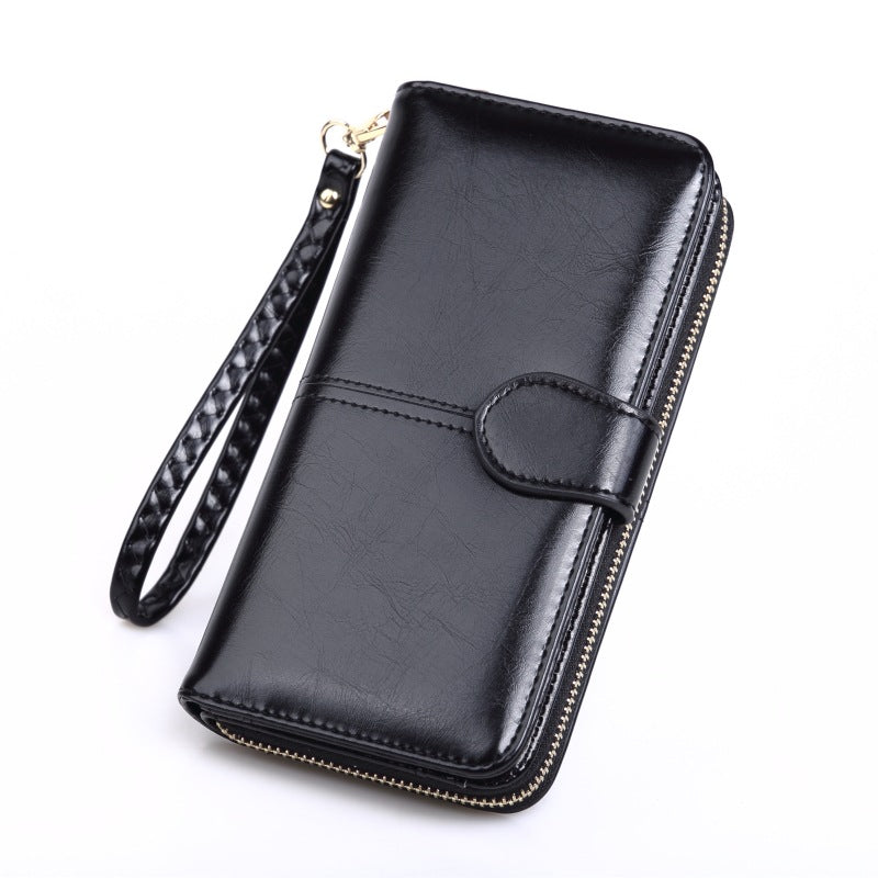 Women's Oily Leather Long Zipper Mobile Fashion Three Ladies Wallet