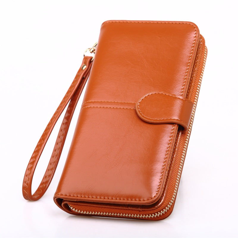 Women's Oily Leather Long Zipper Mobile Fashion Three Ladies Wallet