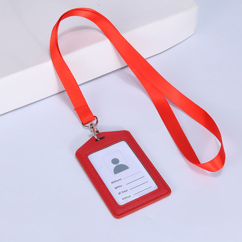 Leather Badge Cover Lanyard Work Permit Card Holder