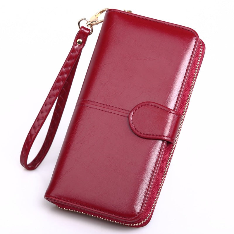 Women's Oily Leather Long Zipper Mobile Fashion Three Ladies Wallet