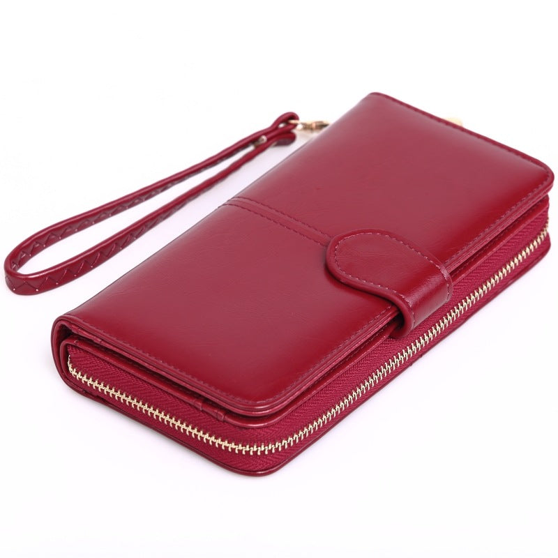 Women's Oily Leather Long Zipper Mobile Fashion Three Ladies Wallet
