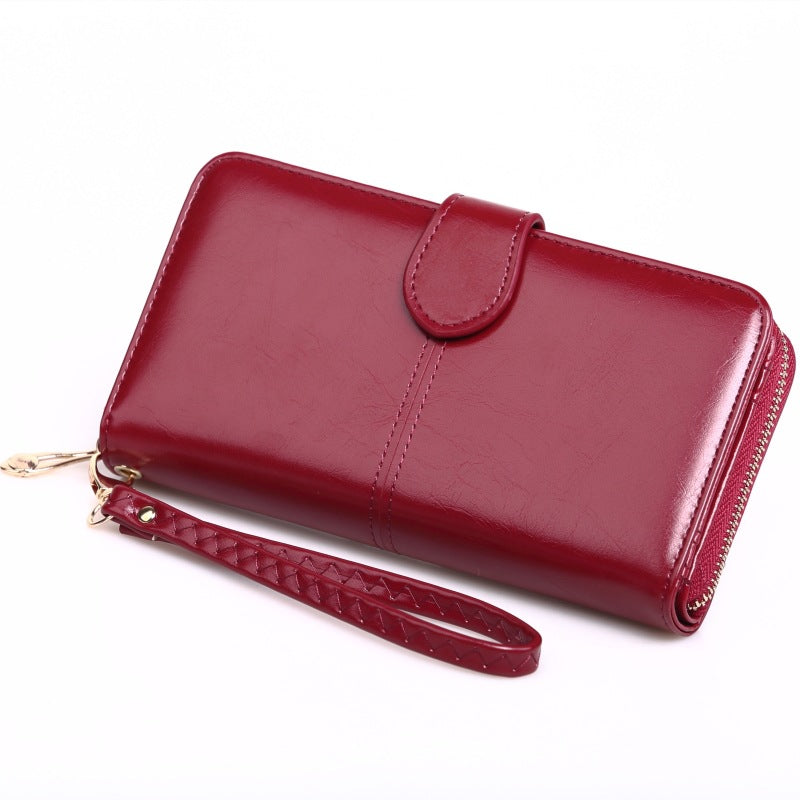 Women's Oily Leather Long Zipper Mobile Fashion Three Ladies Wallet