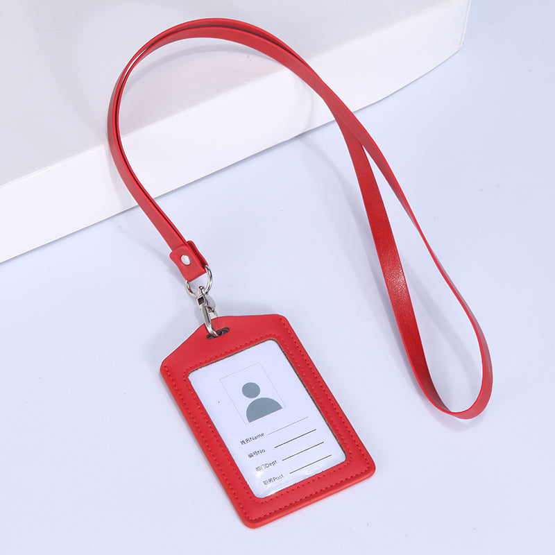 Leather Badge Cover Lanyard Work Permit Card Holder