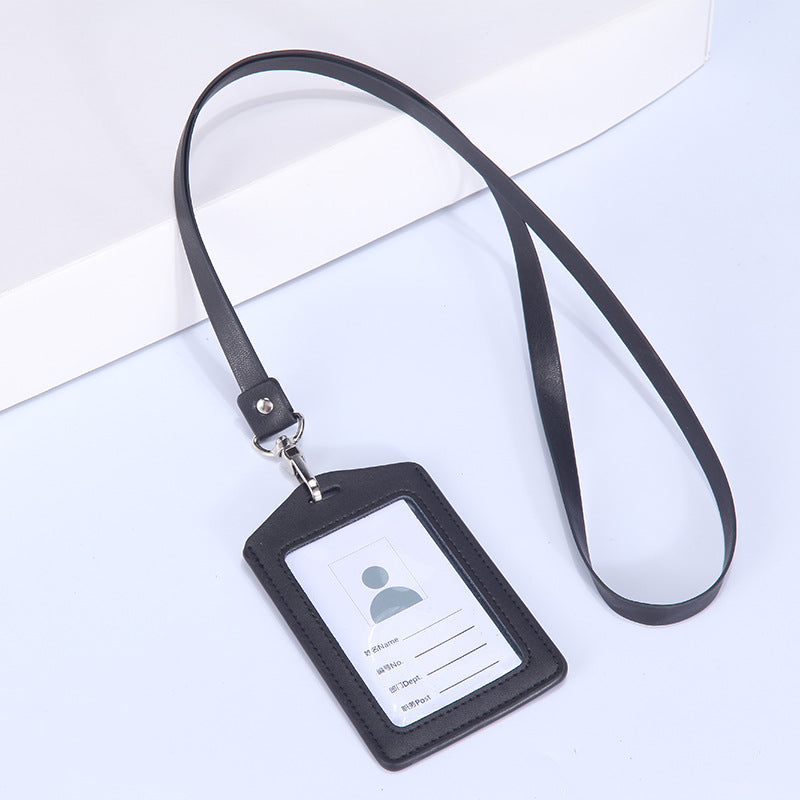 Leather Badge Cover Lanyard Work Permit Card Holder