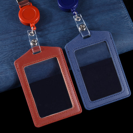 Leather Sleeve Double-sided Transparent Work Telescopic Card Holder