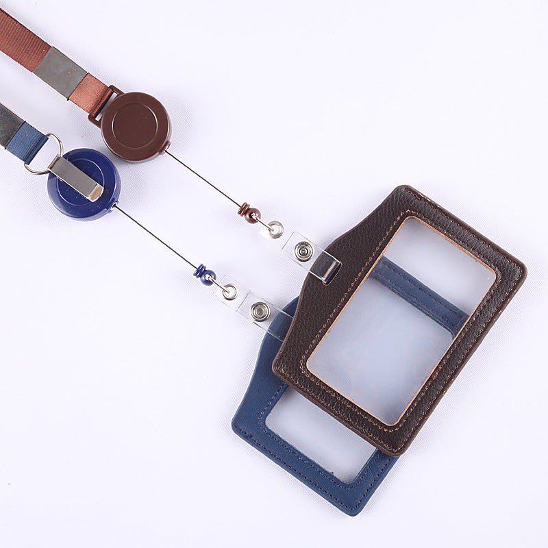 Leather Sleeve Double-sided Transparent Work Telescopic Card Holder