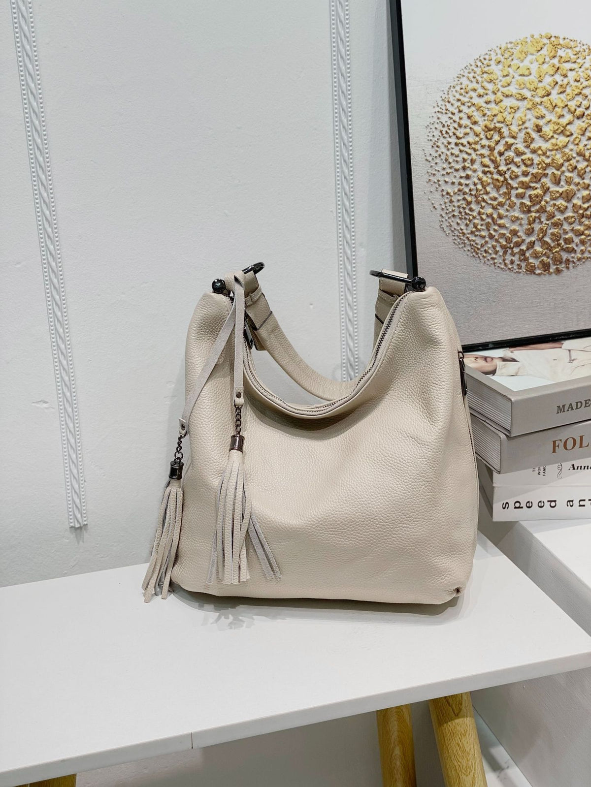 Women's Fashion Genuine Leather Underarm Layer Cowhide Tassel Large Women's Shoulder Bag