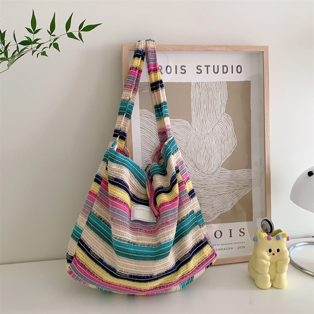 Women's Wool Knitted Contrast Color Rainbow Striped Shoulder Bags