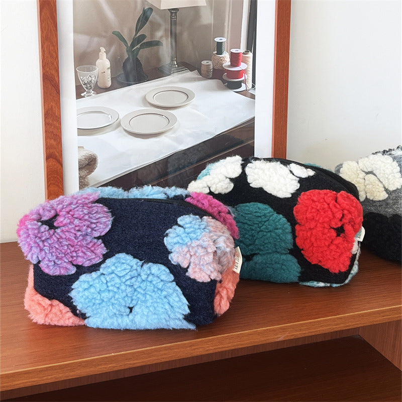 Striped Plush Large Capacity Pencil Wash Portable Storage Bags
