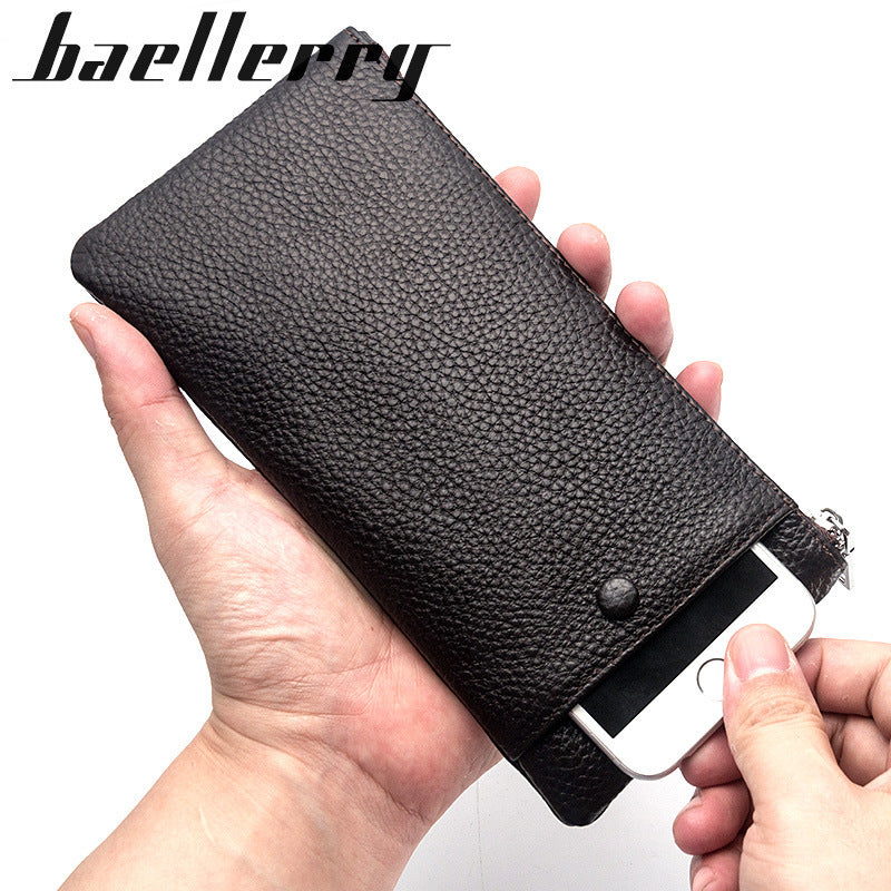Men's Cowhide Soft Leather Long Multifunctional Zipper Litchi Handbags