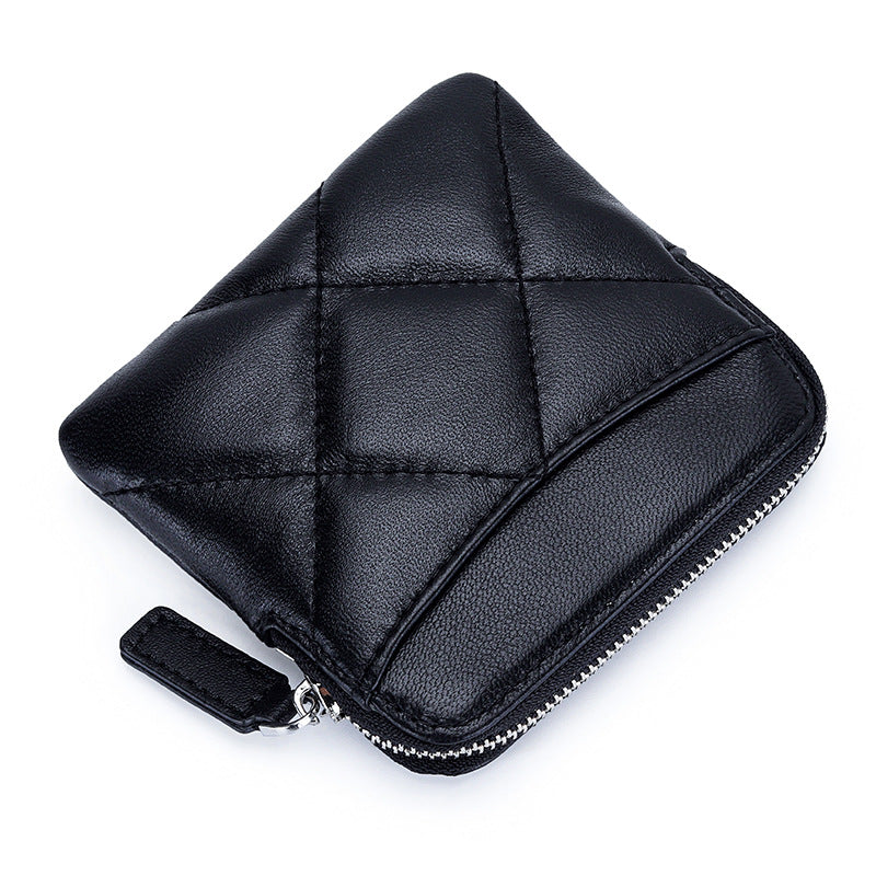 Women's Sheepskin Fashion Genuine Leather Embroidered Plaid Multiple Slots Coin Purses