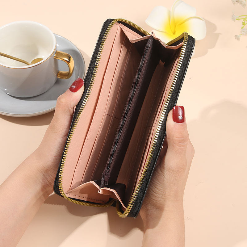 Women's Long Oil Wax Leather Fashion Large Capacity Simple Zipper Ladies Wallet