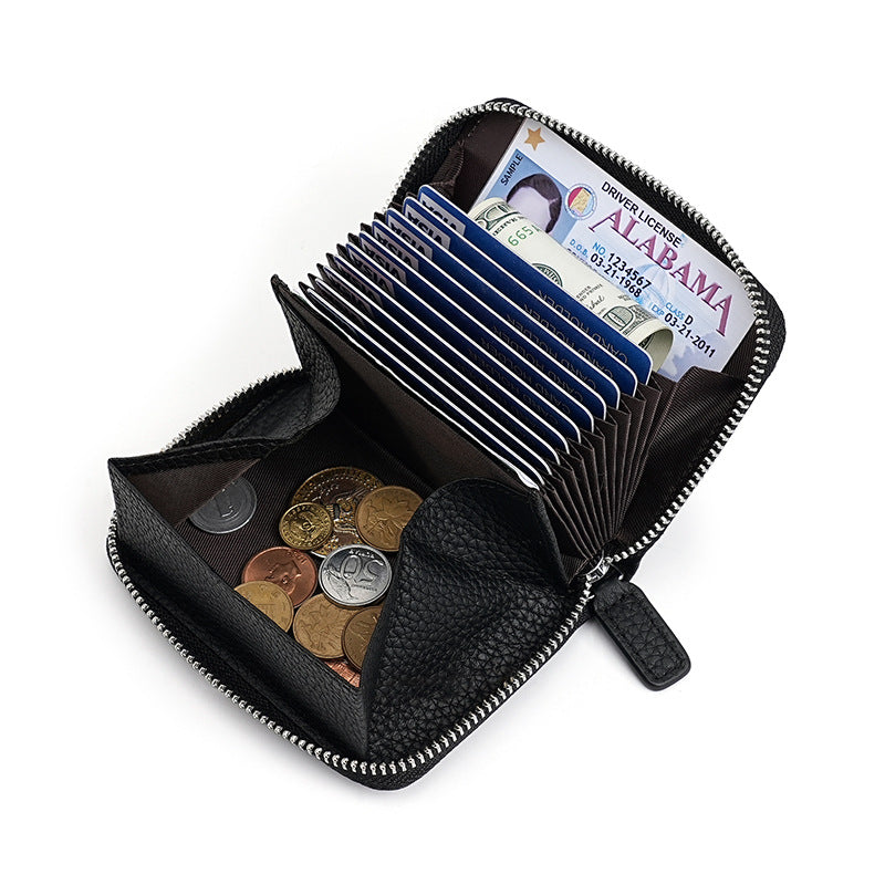Swiping Genuine Leather Multifunctional Zipper First Layer Organ Card Holder