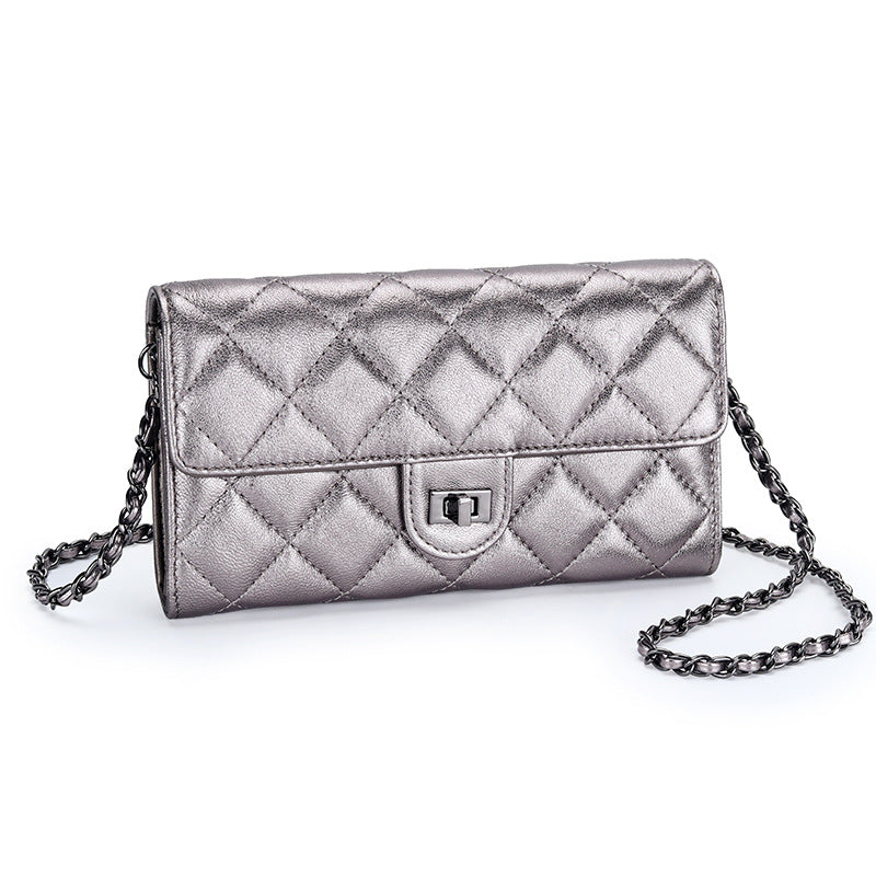 Women's Long Sheepskin Embroidered Classic Style Diamond Plaid Stylish Versatile Handbags