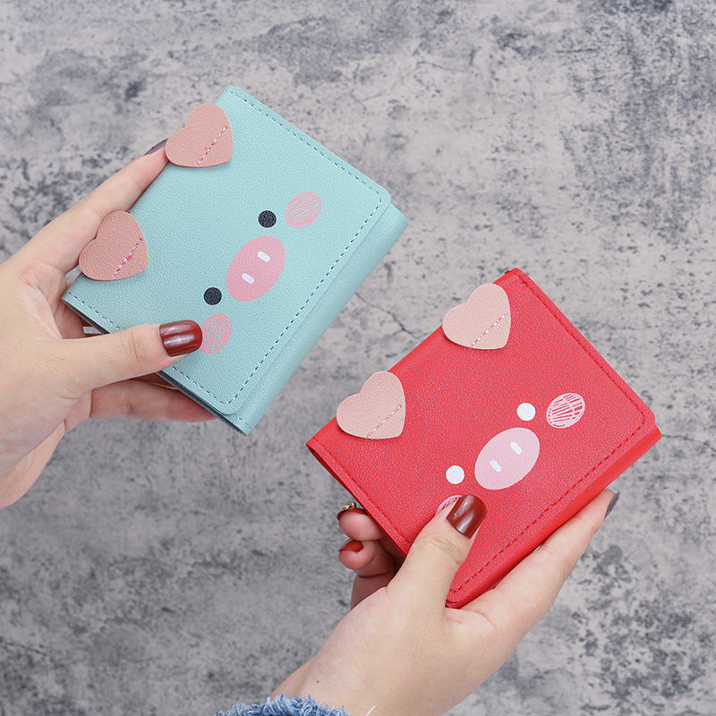 Short Female Cartoon Piggy Cute Three Folding Coin Purses