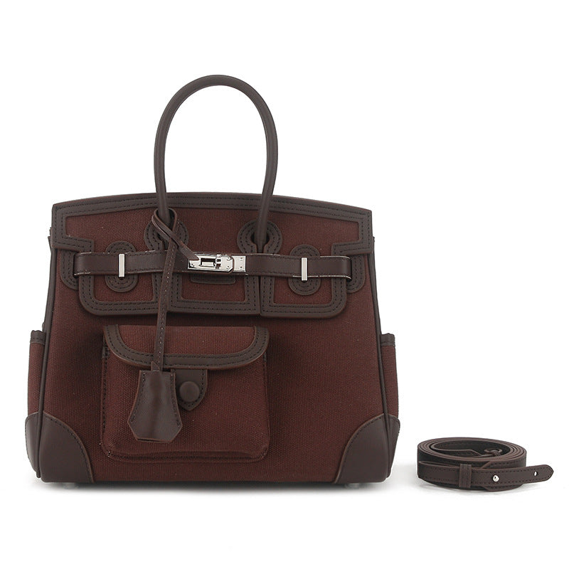 Canvas Cowhide Pocket Fashion Large Capacity Women's Shoulder Bag