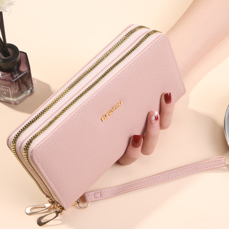 Women's Double Long Zipper Clutch Fashion Simple Lychee Pattern Large Ladies Wallet