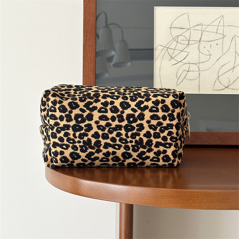 Leopard Print Corduroy Large Capacity Zipper Portable Makeup Bag