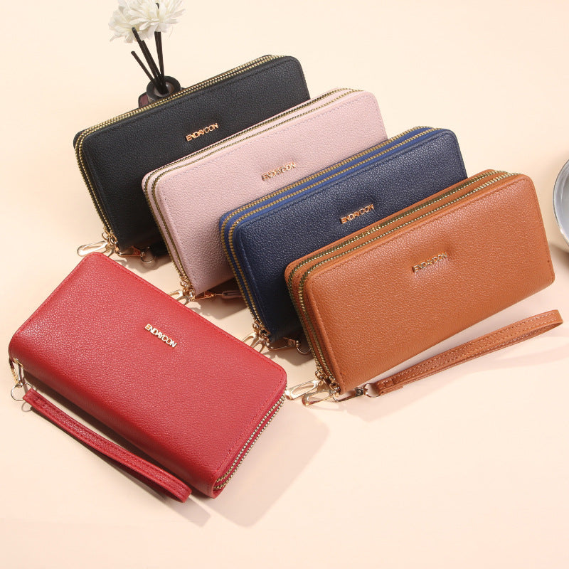 Women's Double Long Zipper Clutch Fashion Simple Lychee Pattern Large Ladies Wallet