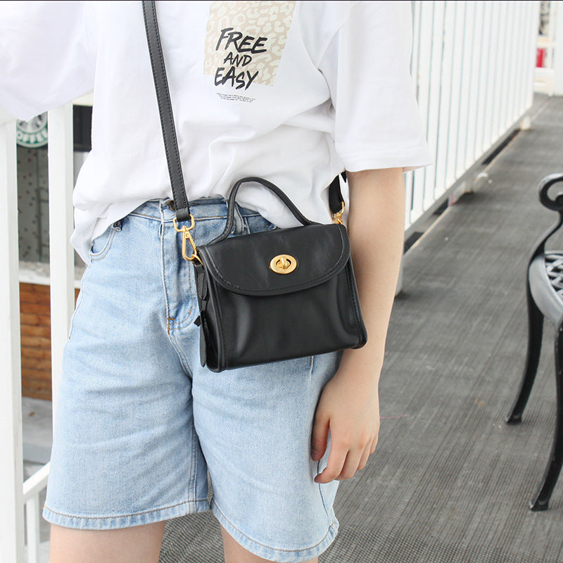 Layer Cowhide Simple Solid Color Portable Handbags