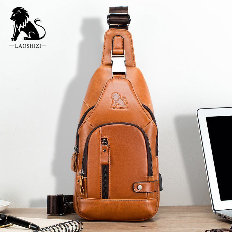 Men's Cowhide Leather First Layer Front Men's Chest Bags