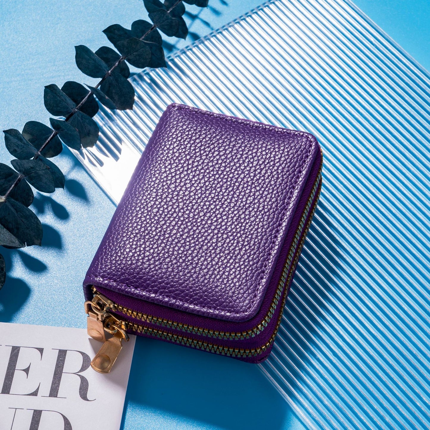 Women's Short Litchi Pattern Double Zipper Document Card Holder