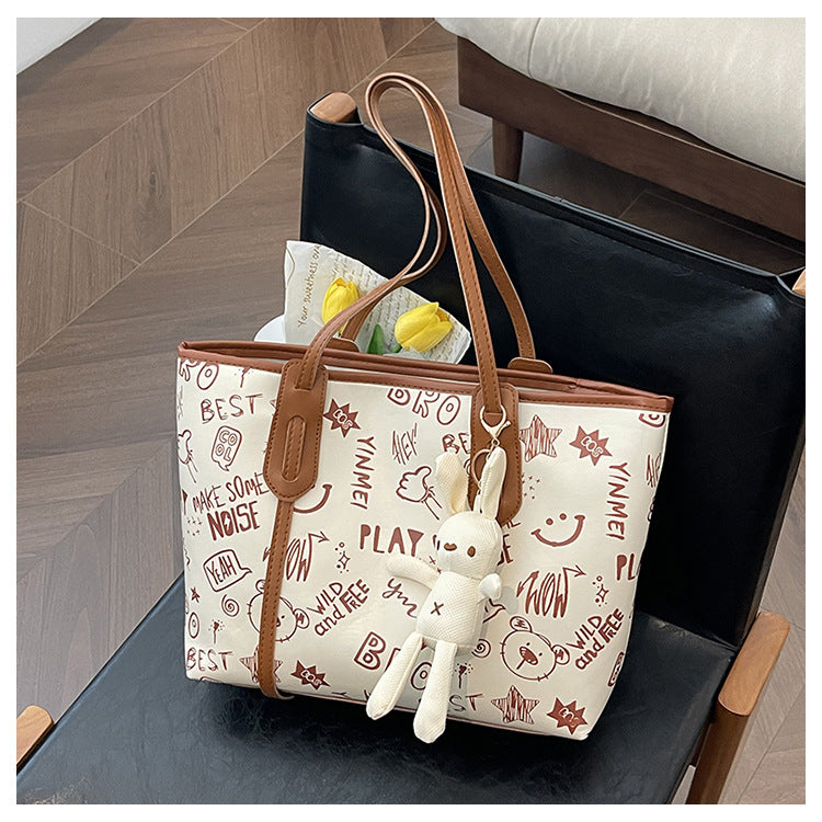 Contrast Color Big Female Cute Cartoon Printed Easy Matching Large Bags