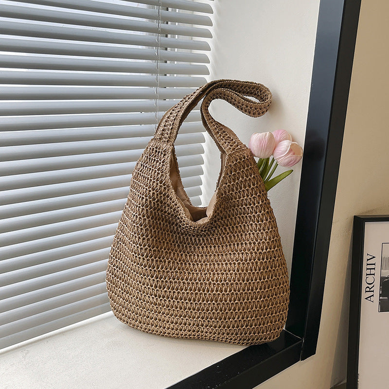 Women's Beach Woven Portable Straw Vegetable Basket Silk Women's Shoulder Bag