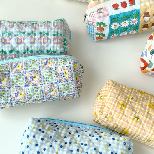 Brush Cotton Embroidery Quilted Large Capacity Pencil Cosmetic Bags