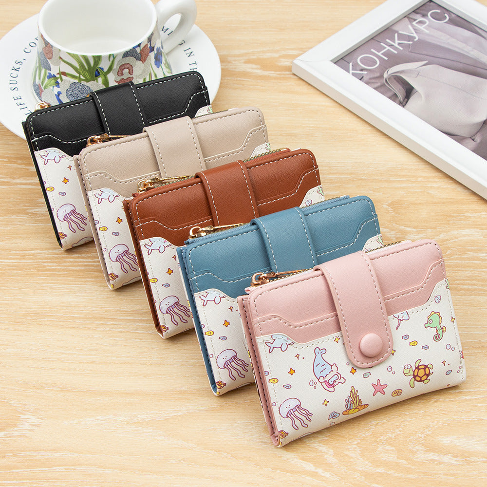 Fashion Cartoon Printed Large Capacity Zipper Female Two Fold Multiple Card Holder