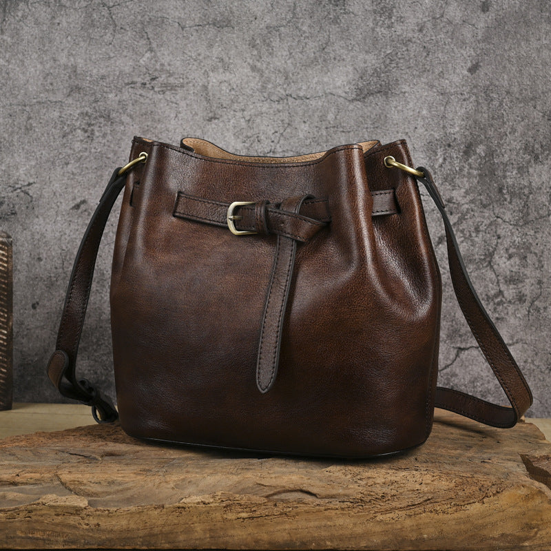 Women's First Layer Cowhide Solid Color Handmade Brushed Chinese Women's Shoulder Bag
