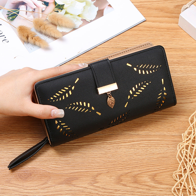 Women's Hollow Leaf Billfold Leather Korean Two-fold Long Zipper Card Holder