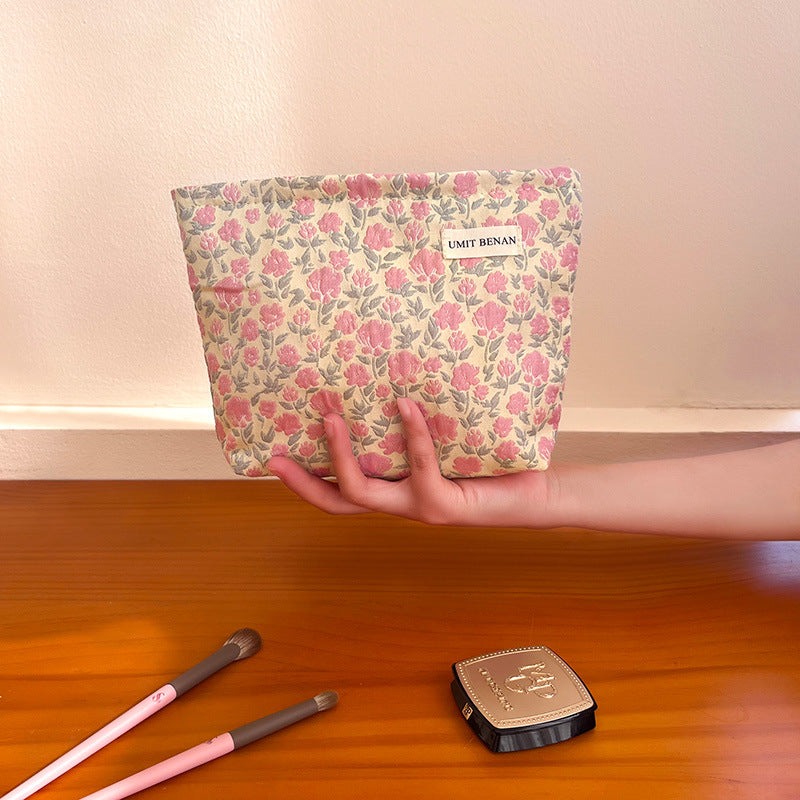 Women's Pink Floral Portable Large Capacity Wash Liner Makeup Bag