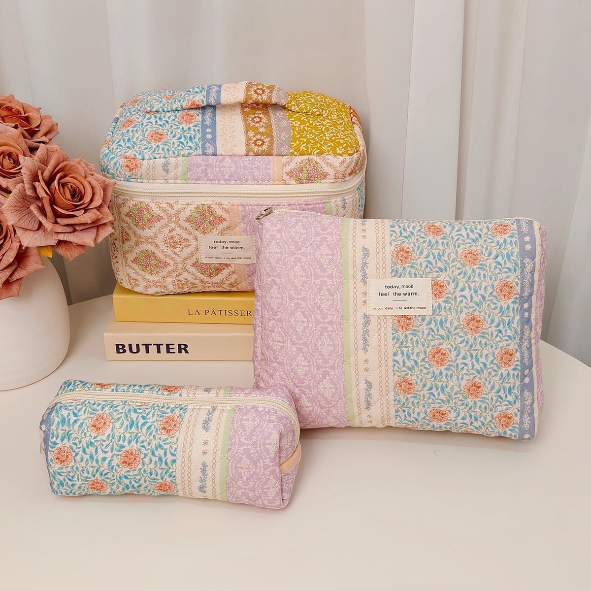 Floral Polyester Cotton Vertical Large Capacity Partition Makeup Bag