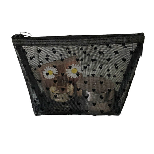 Women's Black Flocking Love Mesh Shell Storage Cosmetic Bags