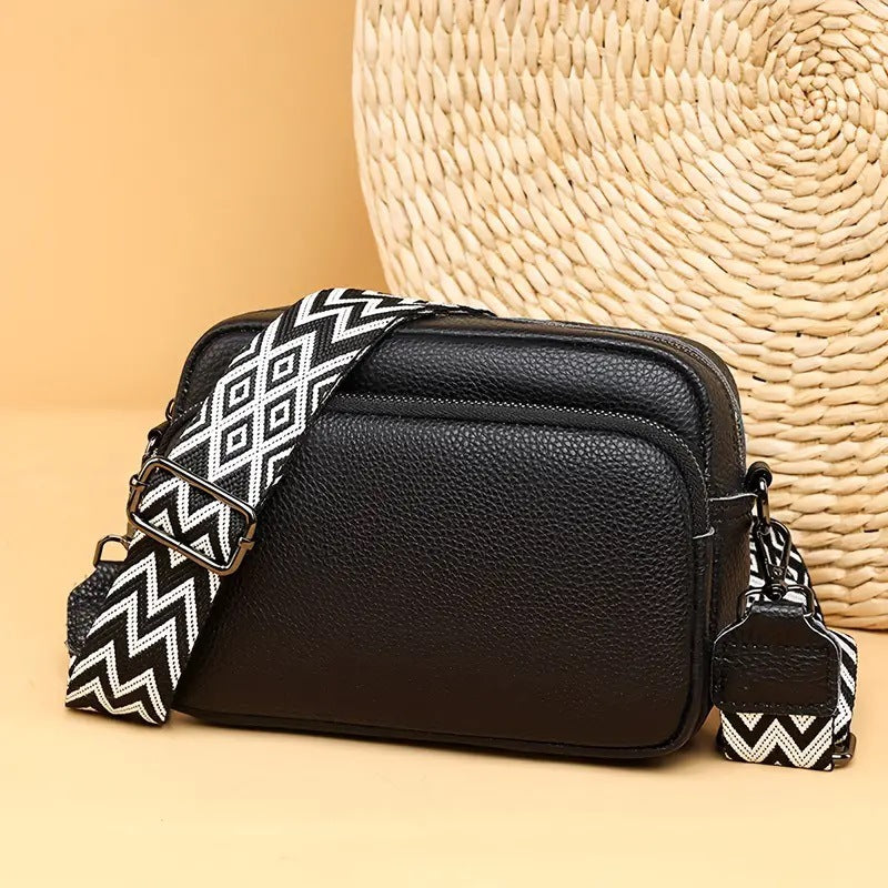 Women's Layer Cowhide Genuine Leather Woven Wide Women's Messenger Bag