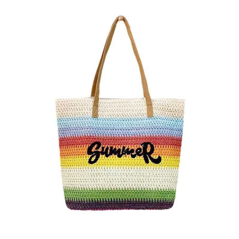 Women's Straw Shopping Striped Letters Beach Handbags