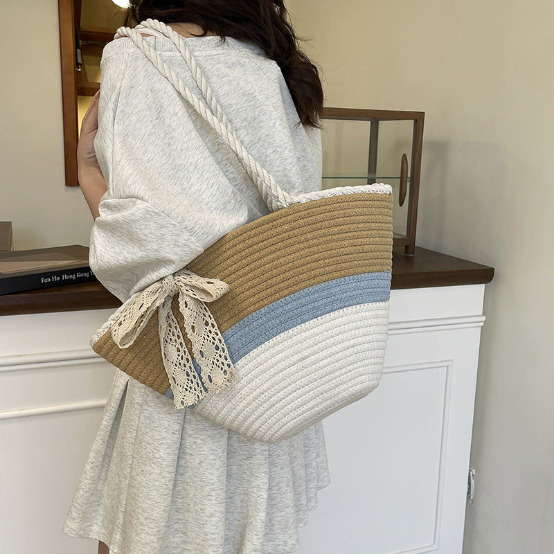 Summer Contrast Color Vacation Beach Mori Leisure Striped Large Capacity Women's Shoulder Bag