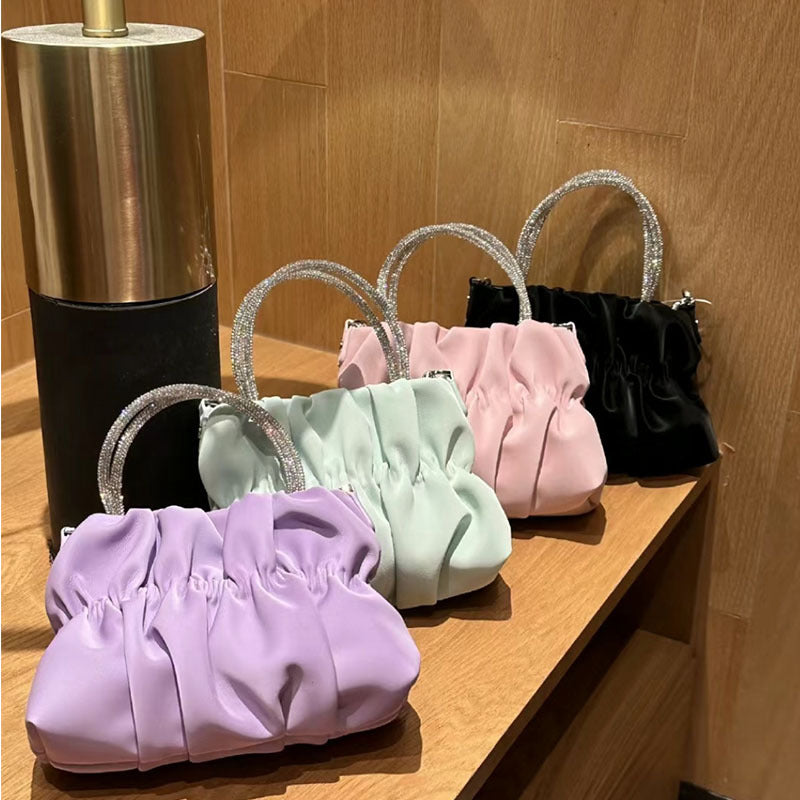 Women's Rhinestone Early Spring Candy Color Pleated Handbags