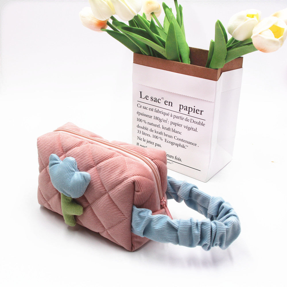 Women's Corduroy Large Capacity Cute Flowers Portable Cosmetic Bags