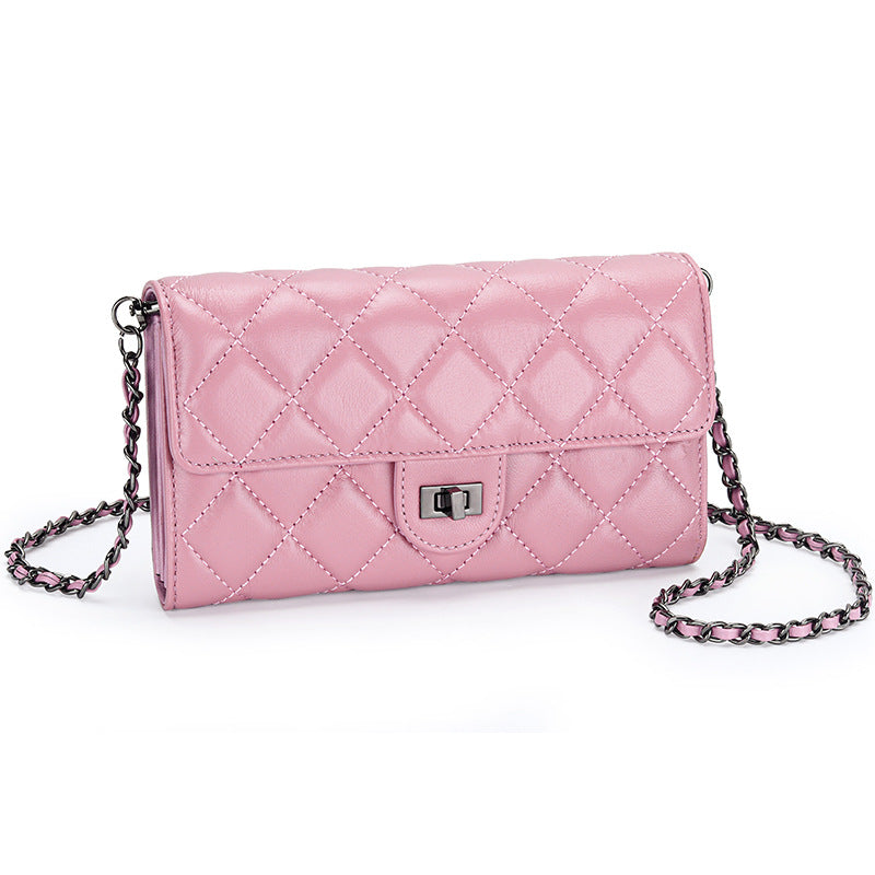 Women's Long Sheepskin Embroidered Classic Style Diamond Plaid Stylish Versatile Handbags