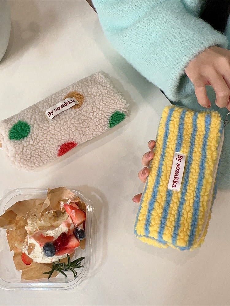 Plush Pencil Large Capacity Color Polka Cosmetic Bags