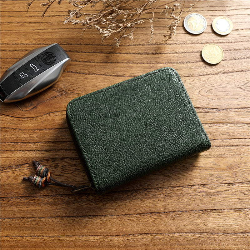 Men's Tanned Leather Cowhide Short Genuine Green Vertical Coin Purses