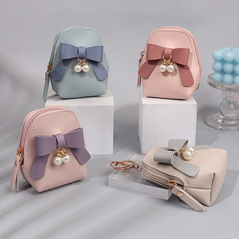 Pearl Bow Leather Mini Storage Charm Coin Purses