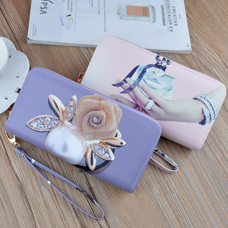 Women's Double Zipper Clutch Long Soft Leather Fashion Printing Purses