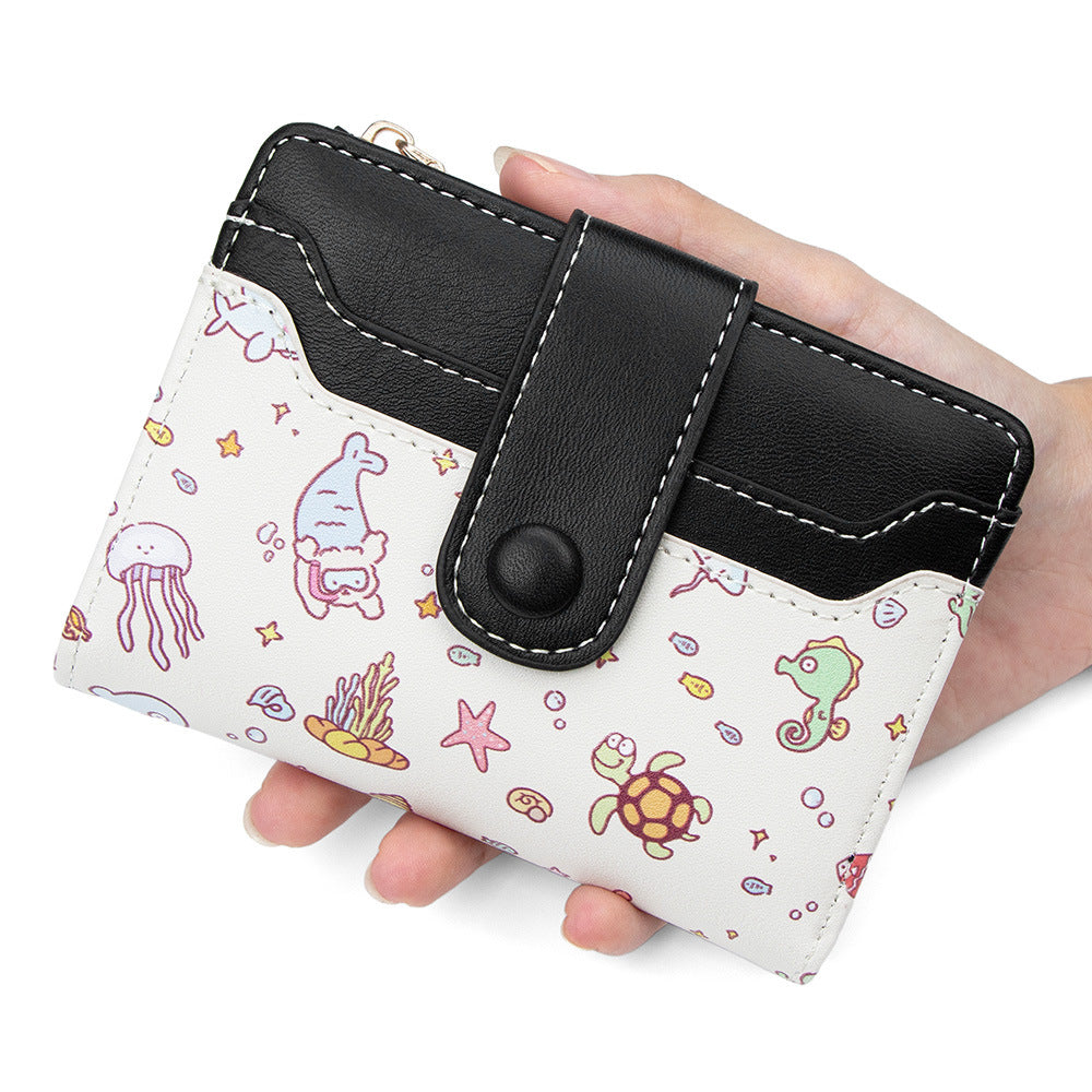 Fashion Cartoon Printed Large Capacity Zipper Female Two Fold Multiple Card Holder