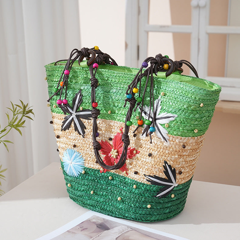 Women's Straw Grass Hand-knitted Embroidered Three-color Starry Sky Wooden Bead Woven Bags