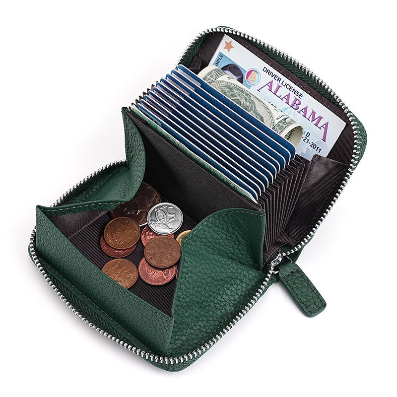 Swiping Genuine Leather Multifunctional Zipper First Layer Organ Card Holder