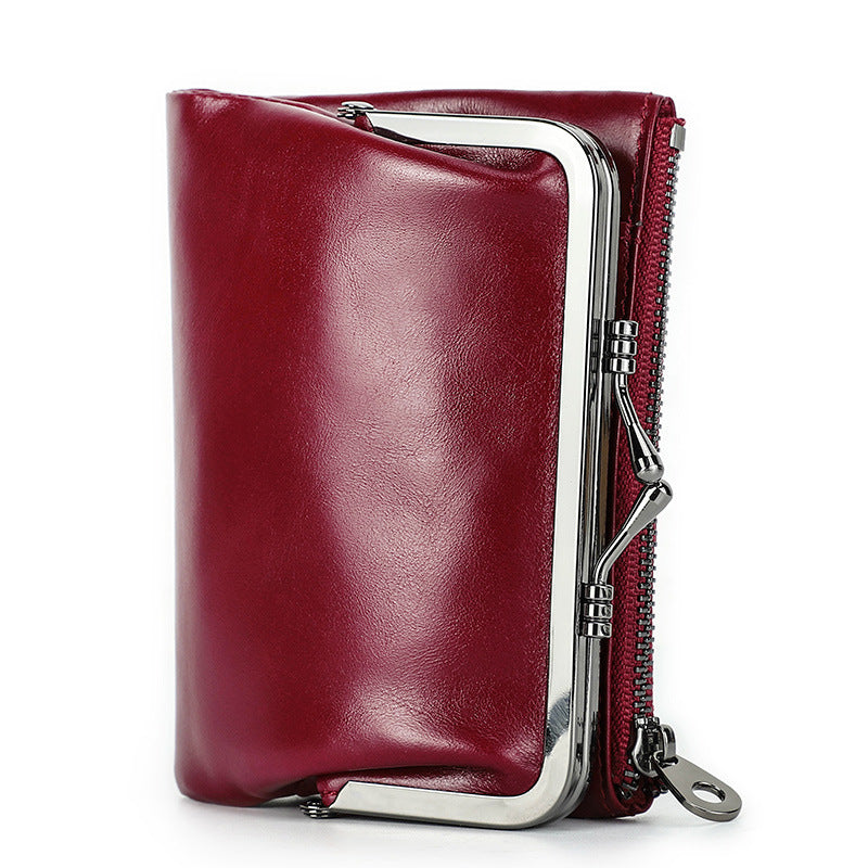 Women's Angel First Layer Cowhide Iron Hinge Short Leather Ladies Wallet