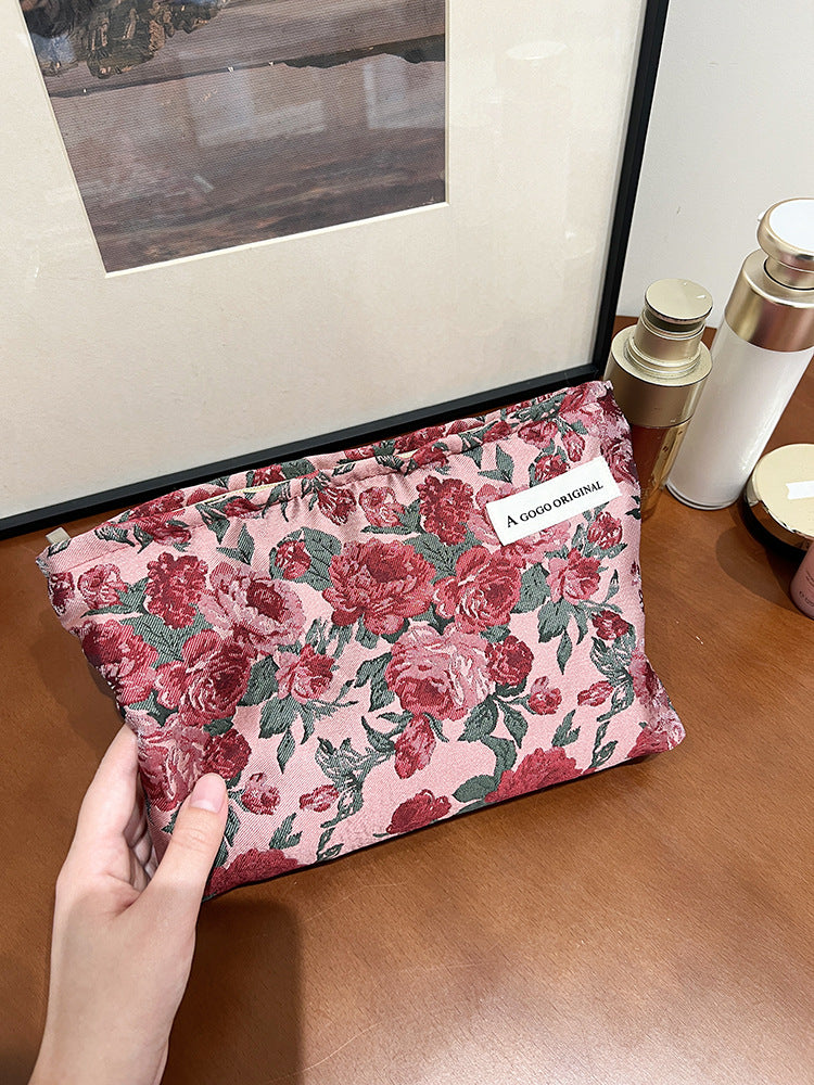 Women's Retro Dark Red Flower Jacquard Fabric Makeup Bag